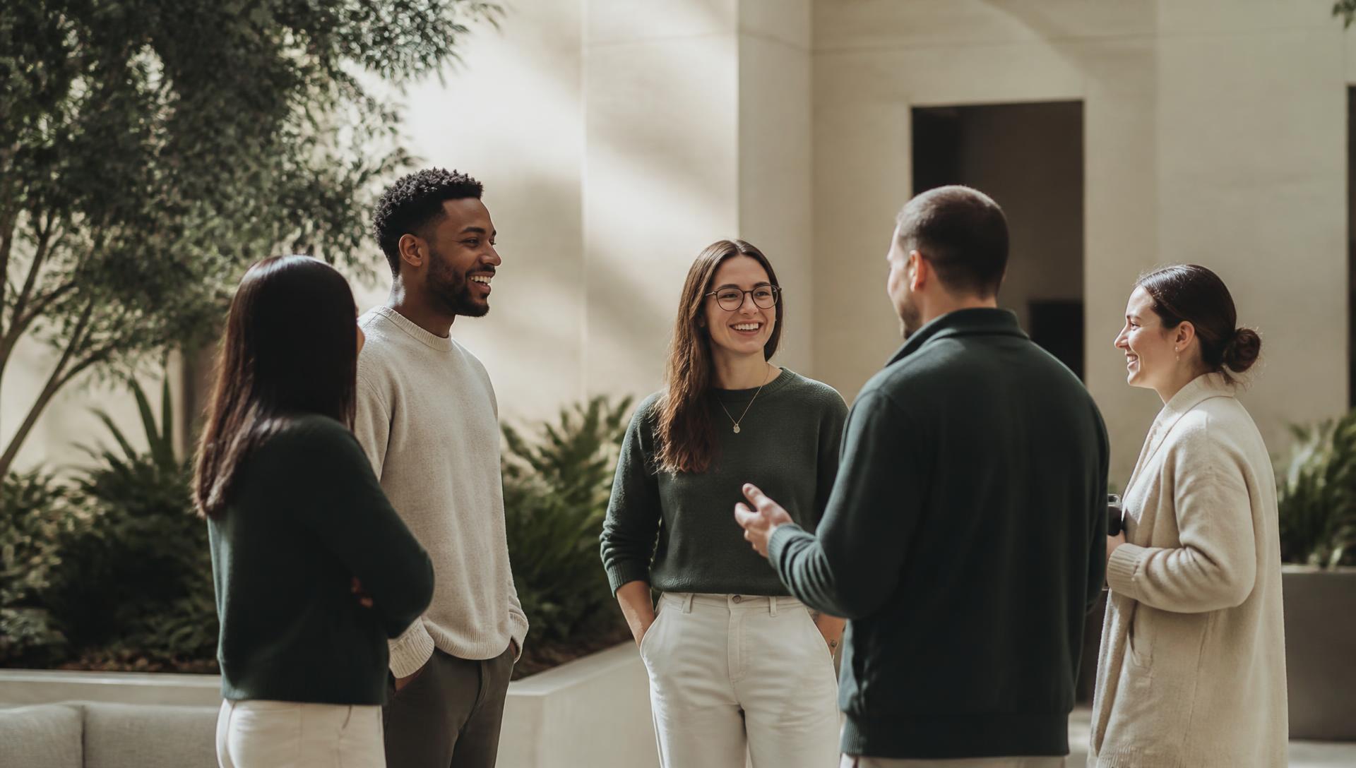 Community members in conversation in a sunlit atrium
