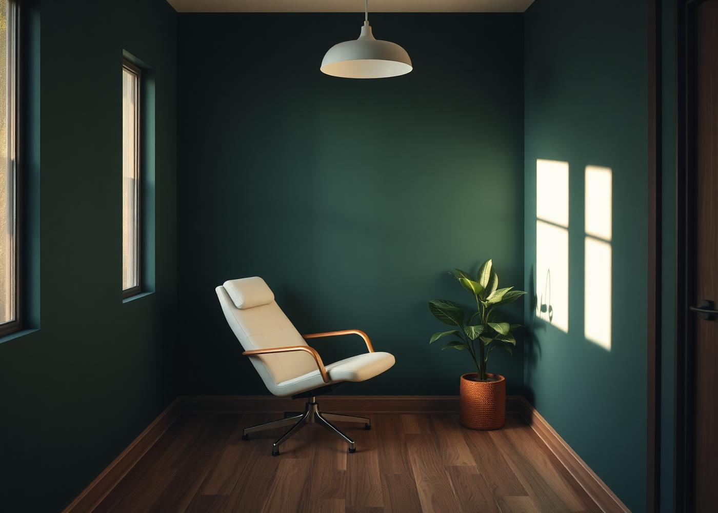 A calm treatment room with deep green walls and warm wood accents